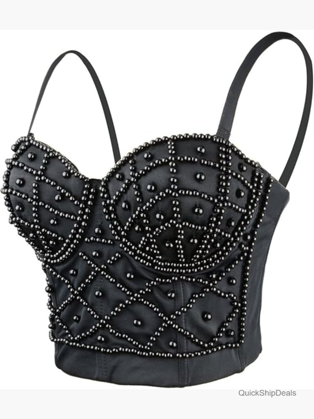 Pearl Beaded Bustier Corset Crop Top with Padded Cups and Adjustable Straps